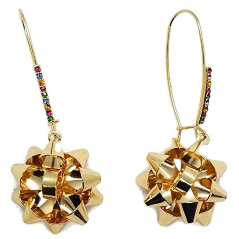 Betsey Johnson Wrap Me Up Gold Christmas Bow Holiday Earrings